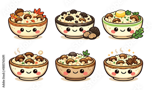 Cute kawaii bowls with mushrooms and grains – adorable cartoon food variety
