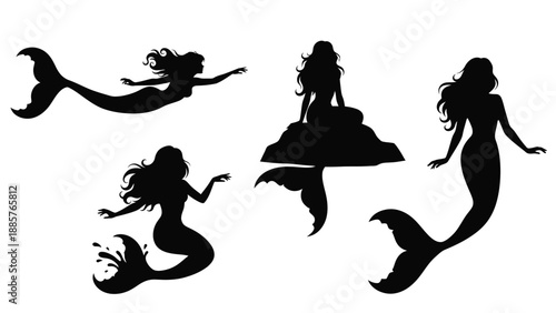 Four mermaid figures depicted in a dramatic black silhouette