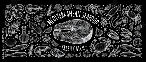Panel kuchenny z motywem Mediterranean Seafood Chalkboard Sketch with Salmon Steak Crab and Shrimp on Black Background