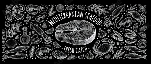 Obraz  z motywem Mediterranean Seafood Chalkboard Sketch with Salmon Steak Crab and Shrimp on Black Background