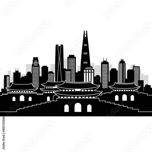 Detailed Silhouette of Seoul South Korea Skyline