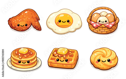 Cute kawaii food characters with faces including egg and waffle
