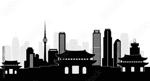 Black Silhouette Icon of Seoul City Landmarks