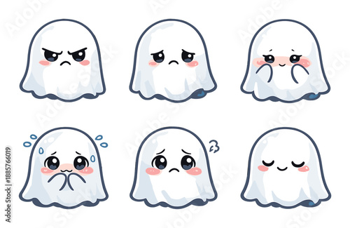 Cute ghosts displaying various emotions on gray background