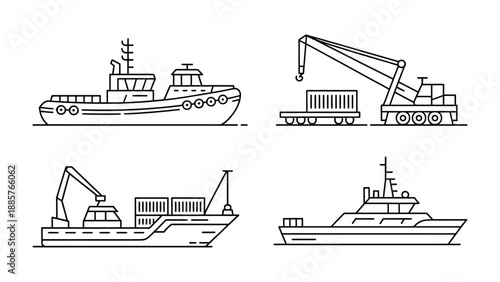 Marine Logistics Illustration: A set of intricate line drawings presents the core elements of marine logistics, showcasing ships, cargo containers.