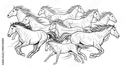 Energetic Running Horses Line Art Sketch