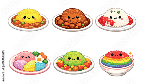 Cute kawaii rice balls in various colorful dishes with smiling faces