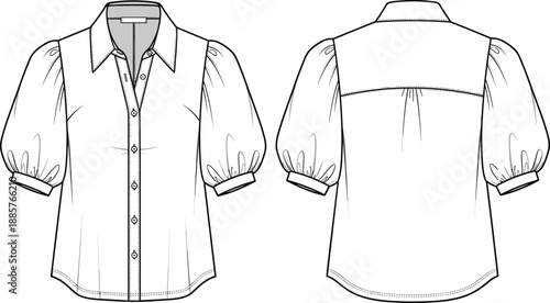 Technical fashion illustration of women’s blouse with puffed sleeves, collared neckline, and button placket, front and back views, transparent background graphic