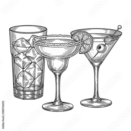Variety of Cocktail Glasses and Drinks Sketch