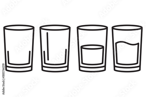 A simple line drawing of four empty and partially filled glasses on a white background