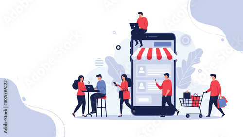 Group of people shopping online using a giant mobile phone interface with a store awning and shopping carts for e-commerce concepts.