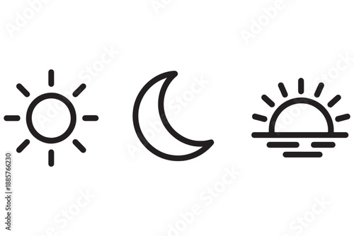 A simple black line drawing of the sun, moon, and sunrise on a white background