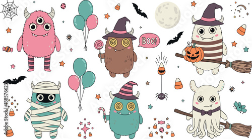 Cute Halloween monster illustration set with spooky creatures, witches hats, candy, bats, balloons, and playful autumn party characters in flat vector style