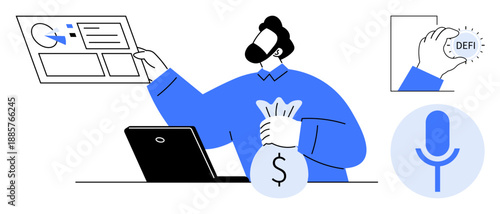 Financial technology, decentralized finance, investment, digital economy, business tools, market analysis. Person holding a currency bag near system interface. Financial technology and investment