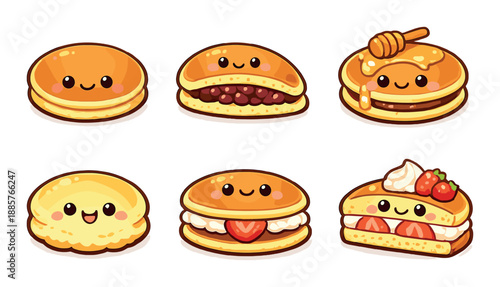 Cute kawaii dessert characters with smiling faces and delicious toppings exploration