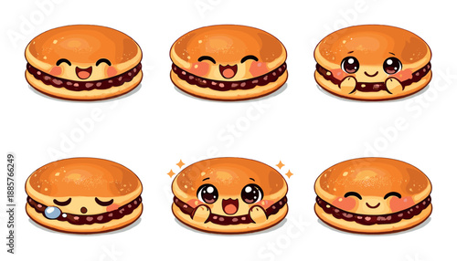 Adorable kawaii hamburger characters with various expressions
