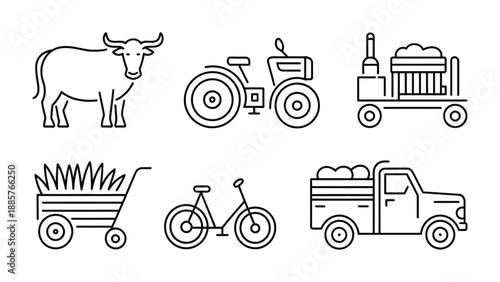 Farm and Agriculture Icon Set: A collection of meticulously crafted, clean, and contemporary line art icons. The images showcase a cow, a tractor, a cart, a bicycle, a truck, and a trailer