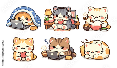 Cute cartoon cats enjoy gourmet dining and cozy relaxation with laptops