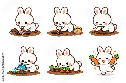 Cute cartoon bunny engaging in gardening from planting to harvesting with joyful expression