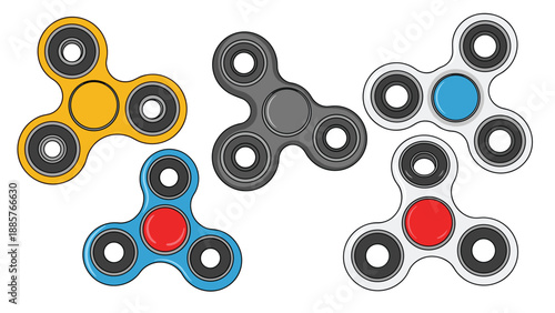 Extensive collection of colorful fidget spinner toys in yellow, gray, white, and blue colors, isolated on a clean white background.