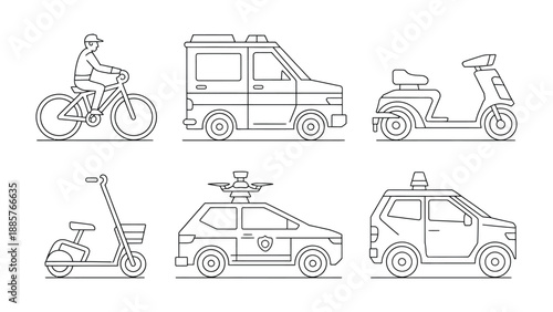 Urban Mobility Selection: A line art illustration showcases a variety of urban transportation options, emphasizing the diverse ways people move within a city environment.