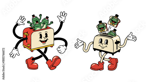 Set of two retro 30s cartoon toaster mascots. Funny vintage rubber hose characters with frogs and frog-shaped toasts.
