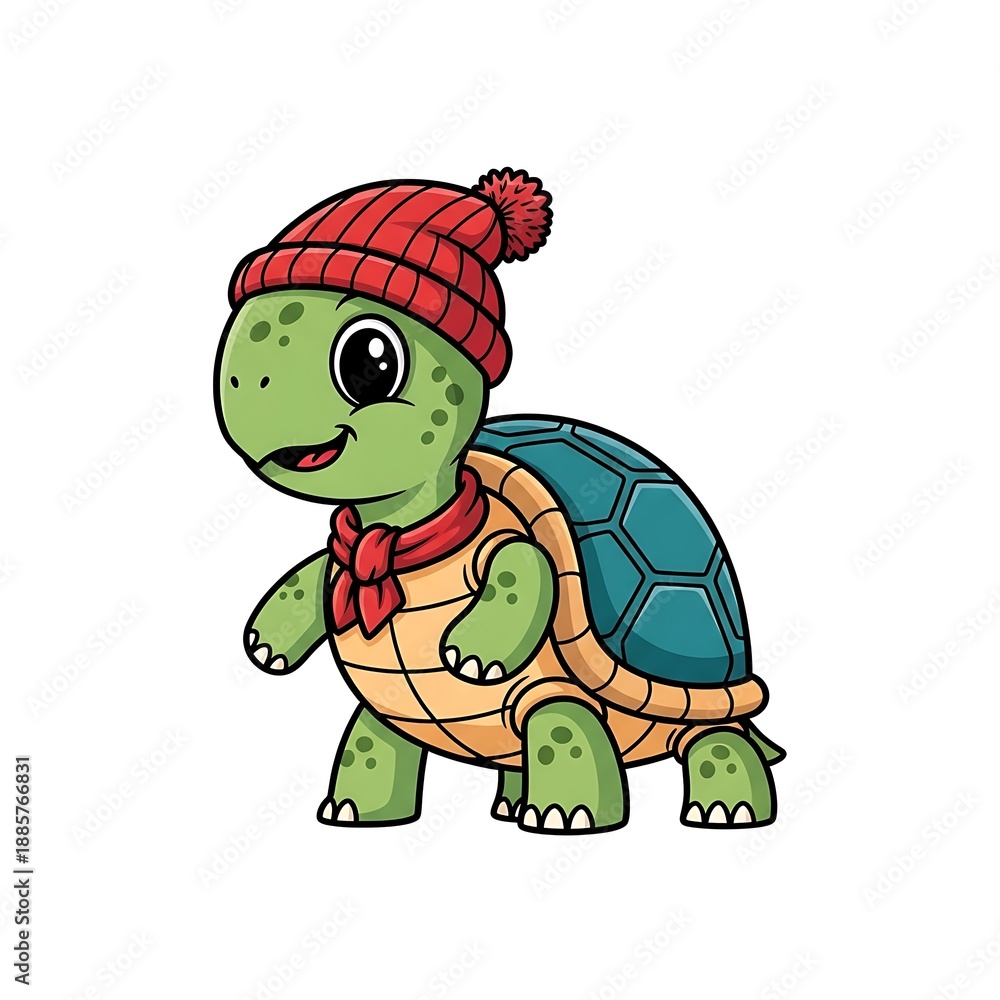 Obraz premium Cartoon Turtle Wearing Red Winter Hat.