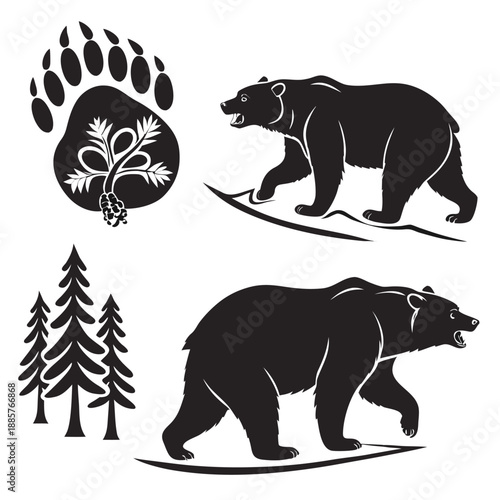 Bear and Forest Wildlife Silhouette Vector Set