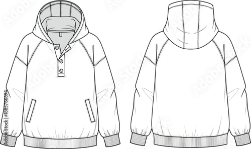 Technical fashion illustration of women’s hooded pullover jacket with raglan sleeves and welt pockets, front and back views, transparent background graphic