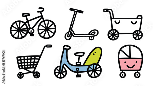 Cartoon Vehicles Collection: A delightful ensemble of whimsical cartoon vehicles, perfect for playful illustrations, representing transport and childhood adventure.