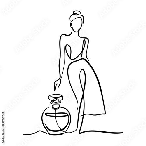Dibujo de trazo único de una mujer con vestido de pie con una botella de perfume 
