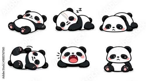 Cute cartoon pandas in various adorable sleeping and relaxing poses against gray background