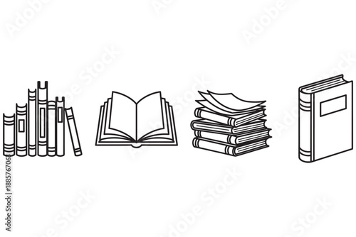 A collection of books in various stacks and arrangements on a white background