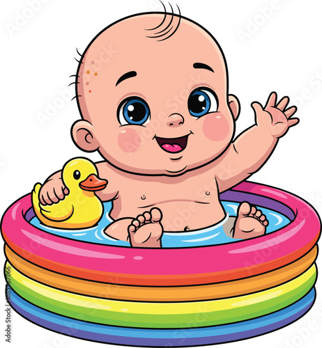   
Cartoon baby in rainbow inflatable pool with rubber duck, cheerful summer play and childhood theme illustration, transparent background graphic