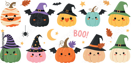 Cute Halloween pumpkin characters vector illustration set with witches hats, bats, moon and spooky elements, pastel cartoon pumpkins for kids party decoration isolated