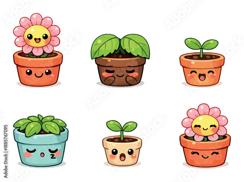 Cute cartoon plant pots with faces in colorful designs