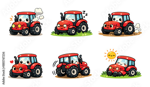 Adorable cartoon tractors expressing emotions in various scenarios