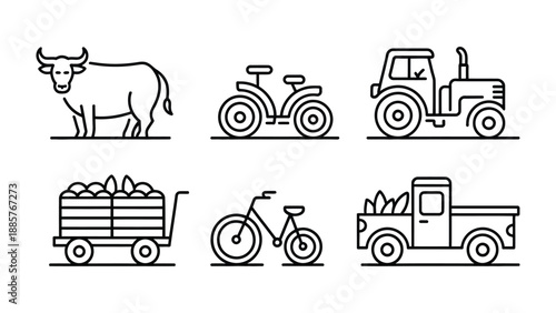 Farm Elements: Illustrated farm elements, featuring a buffalo, tractor, transport cart, and two bicycles