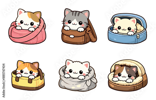 Adorable cartoon cats cuddled in cute bags