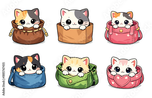 Cute cartoon kittens in colorful bags: adorable calico and tabby designs