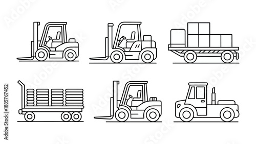 Forklift and Transport Vehicles: A collection of various forklift and transport vehicle illustrations, including a forklift, loading truck and cart, ideal for logistic and industrial applications.