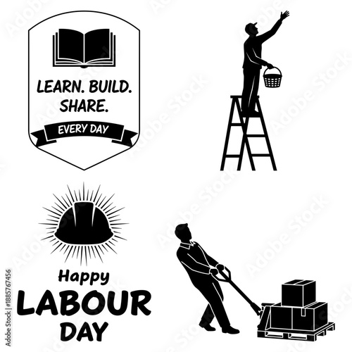 Happy Labour Day black and white set with handshake farmer silhouette megaphone and support local workers badge
