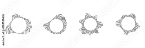 Circular sound waves, depicting audio music, round symbols of voice, icons and logos for equalizers, radial spectrum designs, ring patterns. Flat vector illustrations isolated on white background.