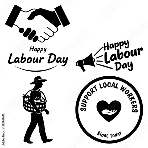 Learn build share Labour Day black and white silhouette set with ladder worker warehouse pallet mover and hardhat badge