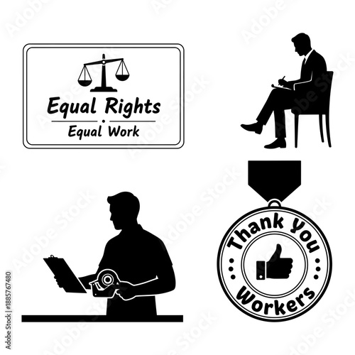 Proud to work May Day badge collection with fist symbol factory icon take a pause message and Labour Day typography