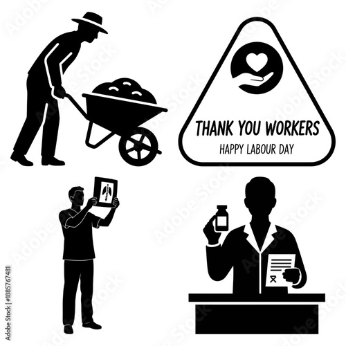 Respect earned Labour Day emblem set with work with heart keep it honest badge globe and workers unity icon