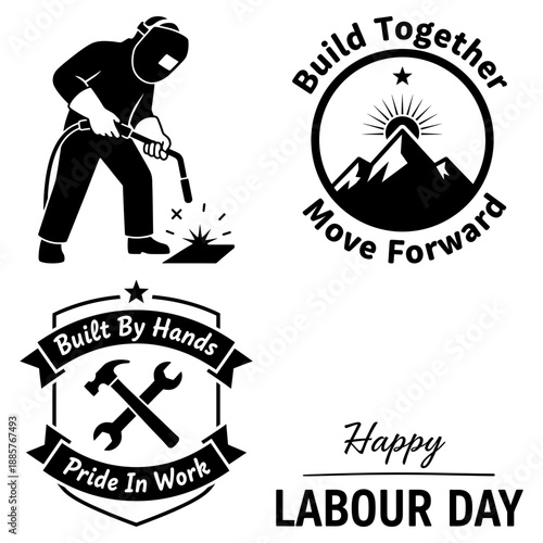 Think big act now motivational Labour Day icon set with nurse silhouette athlete and unlock potential sign