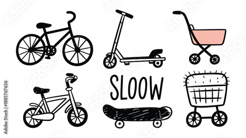 Transportation Collection: An engaging illustration of transportation icons which are bicycle, push scooter, a baby stroller, a child's bike, skateboard and shopping cart.