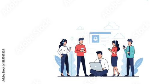 Team of diverse young professionals using various digital gadgets including laptops, smartphones, and tablets for work and communication.