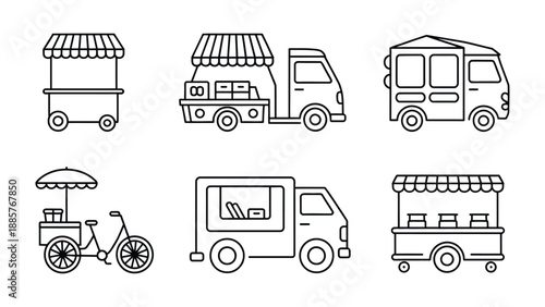 Food Trucks Collection in Simple Illustration: A diverse assortment of food trucks, each offering a unique mobile dining experience. 